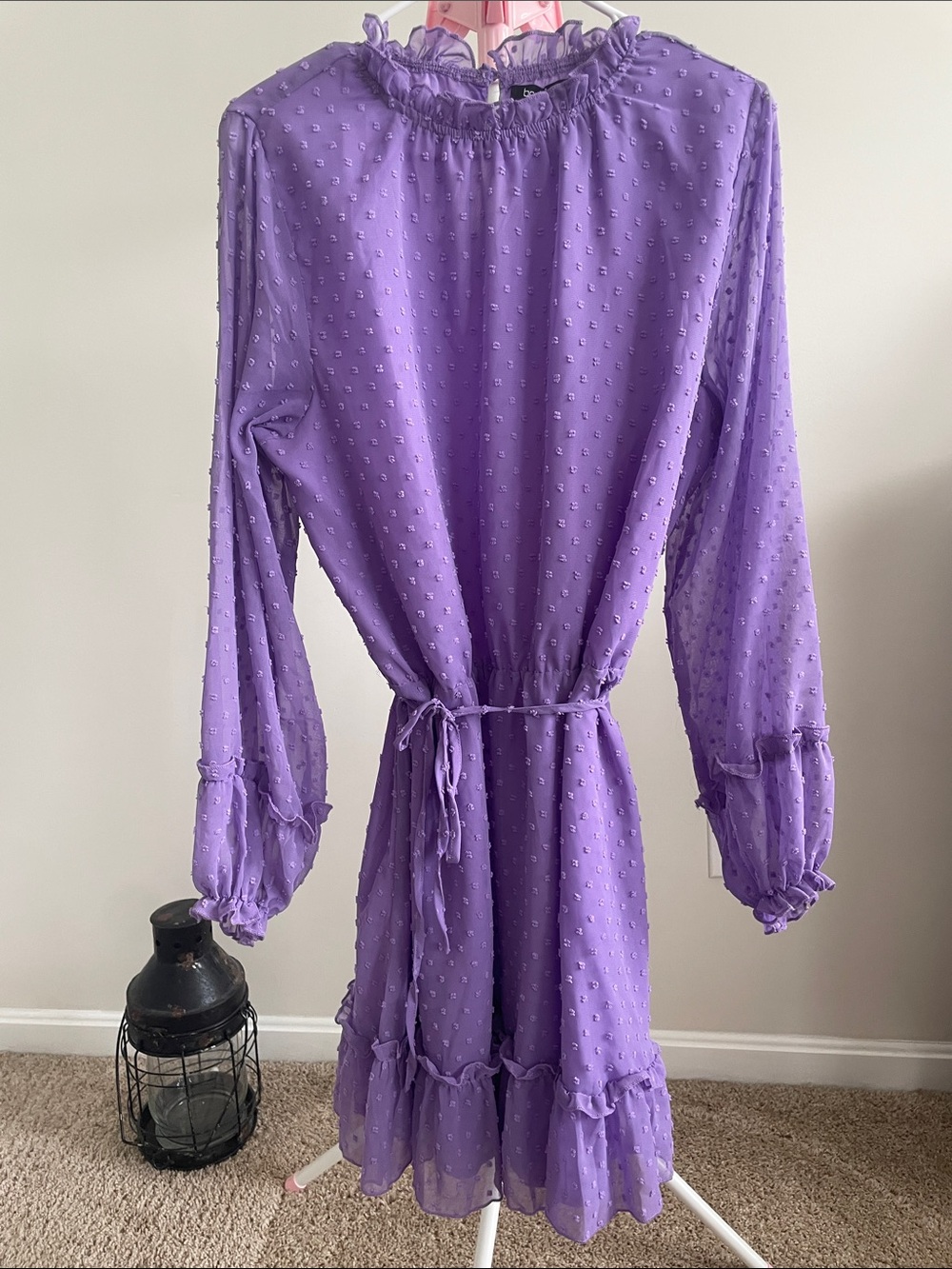 Boohoo Lilac Swiss Dot Ruffle Tie-Waist Dress